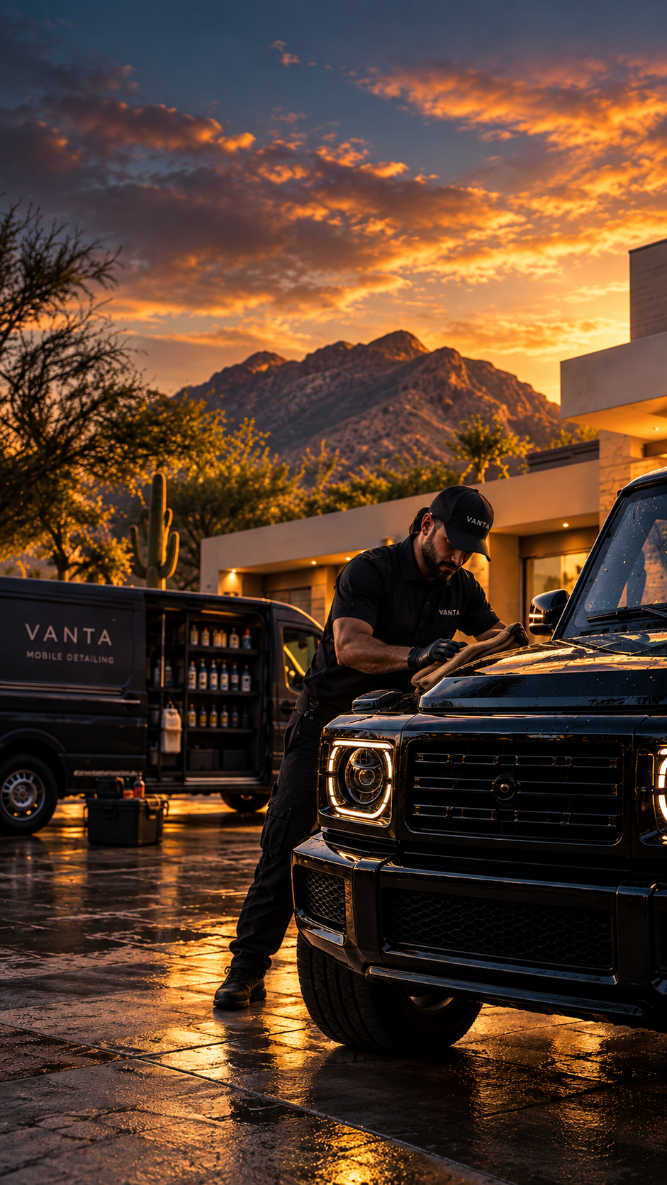 VANTA detailer polishing a black SUV beside the mobile detailing van at sunset in Scottsdale